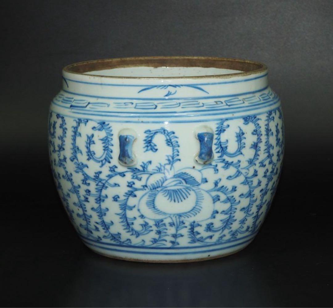 送料無料　清時代嘉慶道光青花罐/水指　本物保証　『喜』無し　耳あり　希少造形