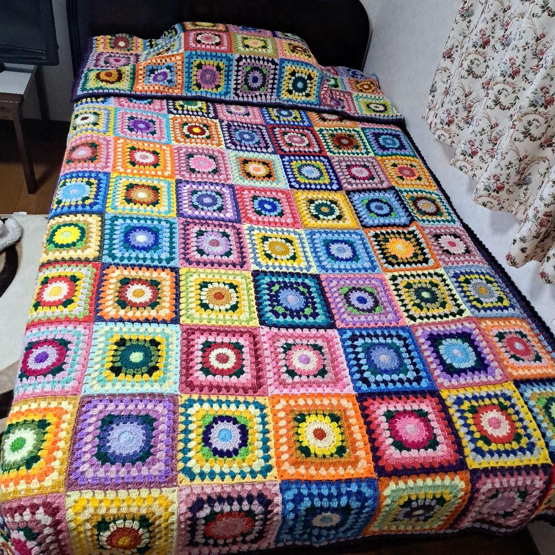 (145)カラフルなグラニースクエアベッドカバー&ストール★セットで