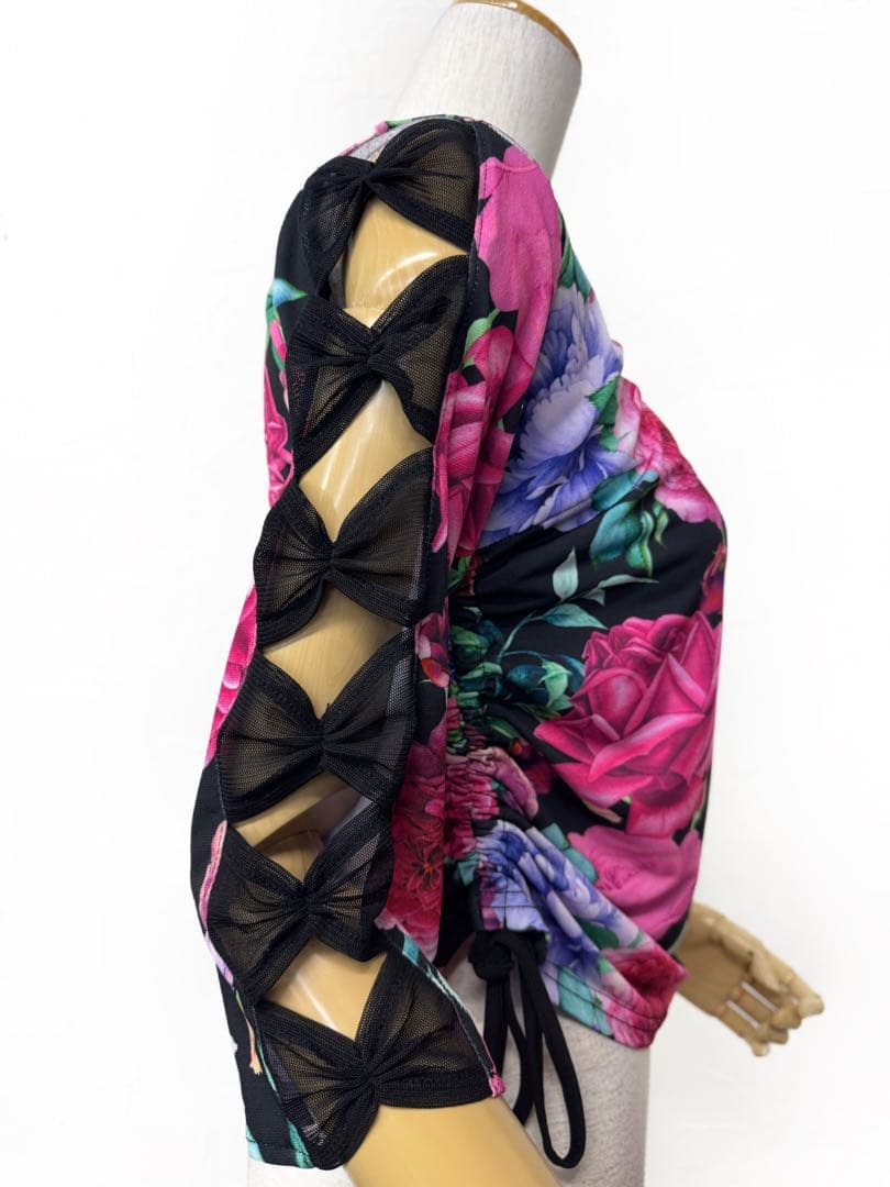 【ラインストーン輝く】新品　ピンク系　花柄プリント社交ダンスカットソーｒ301