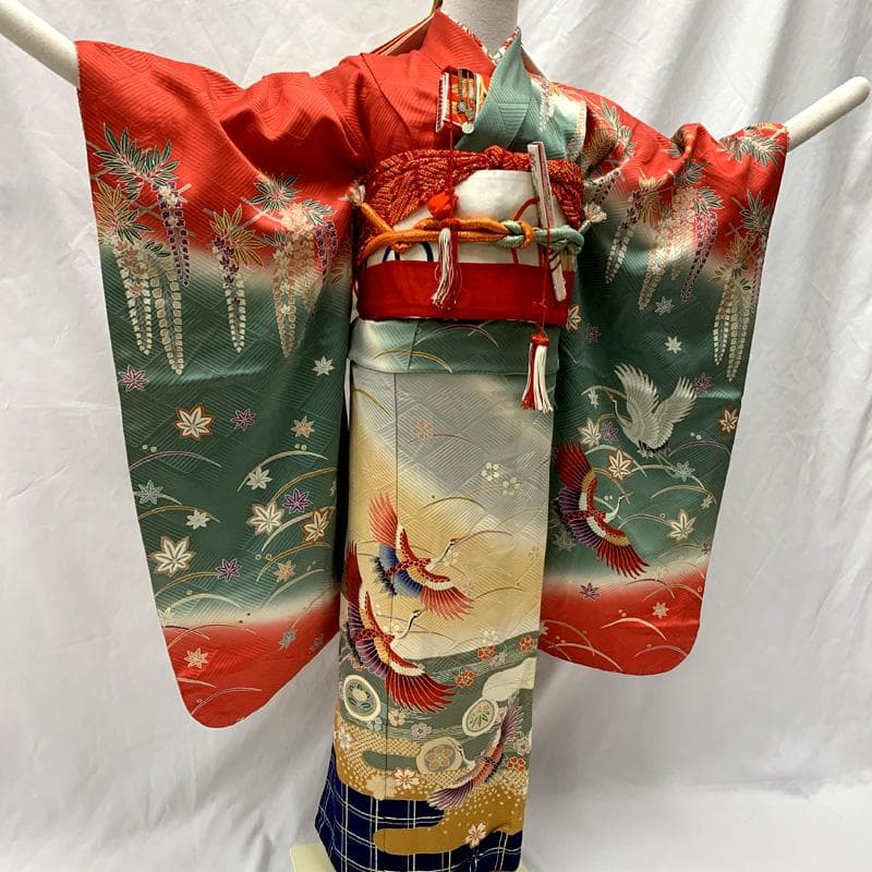 512ag21□七五三 七歳 女児 着物&袋帯&長襦袢 鶴 藤 露芝□状態良好