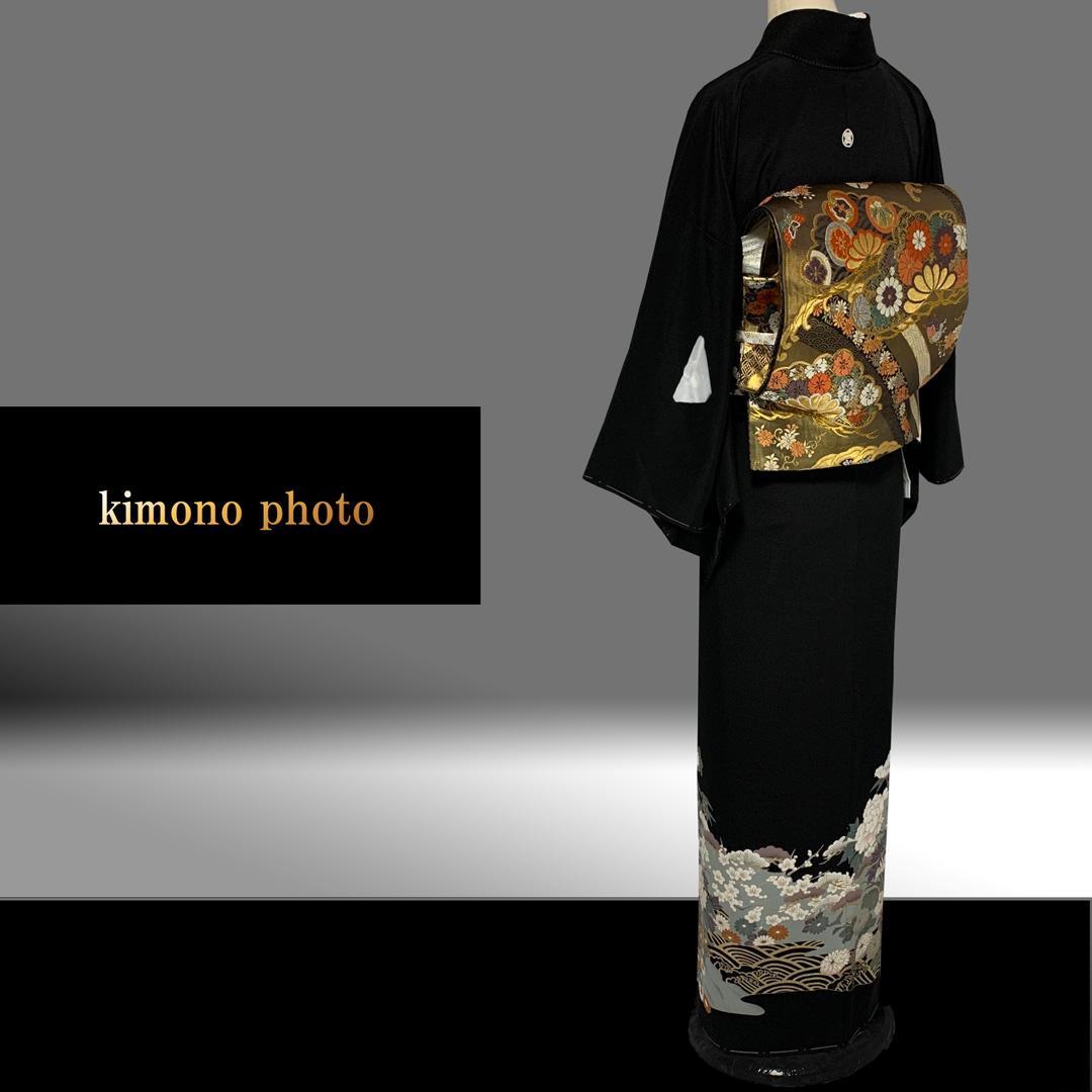 正絹【新品、未使用】６点フルセット【トールサイズ】極上逸品金彩手描き友禅 黒留袖