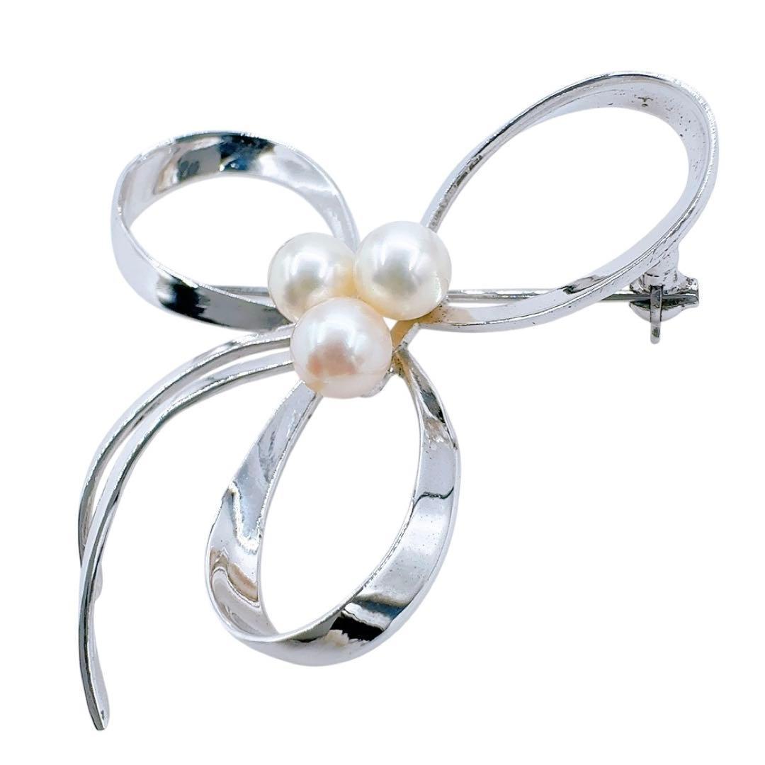 【美品】ミキモト ブローチ アコヤ パール 真珠 シルバー リボン フォーマル