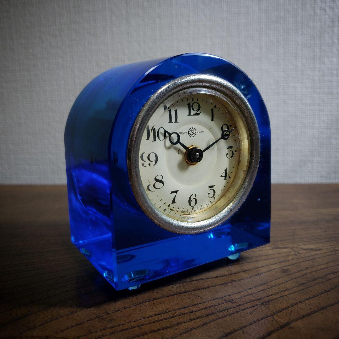 置時計 精工舎 機械式 手巻ウランガラス ブルーガラス 稼働品 欠け ヒビ