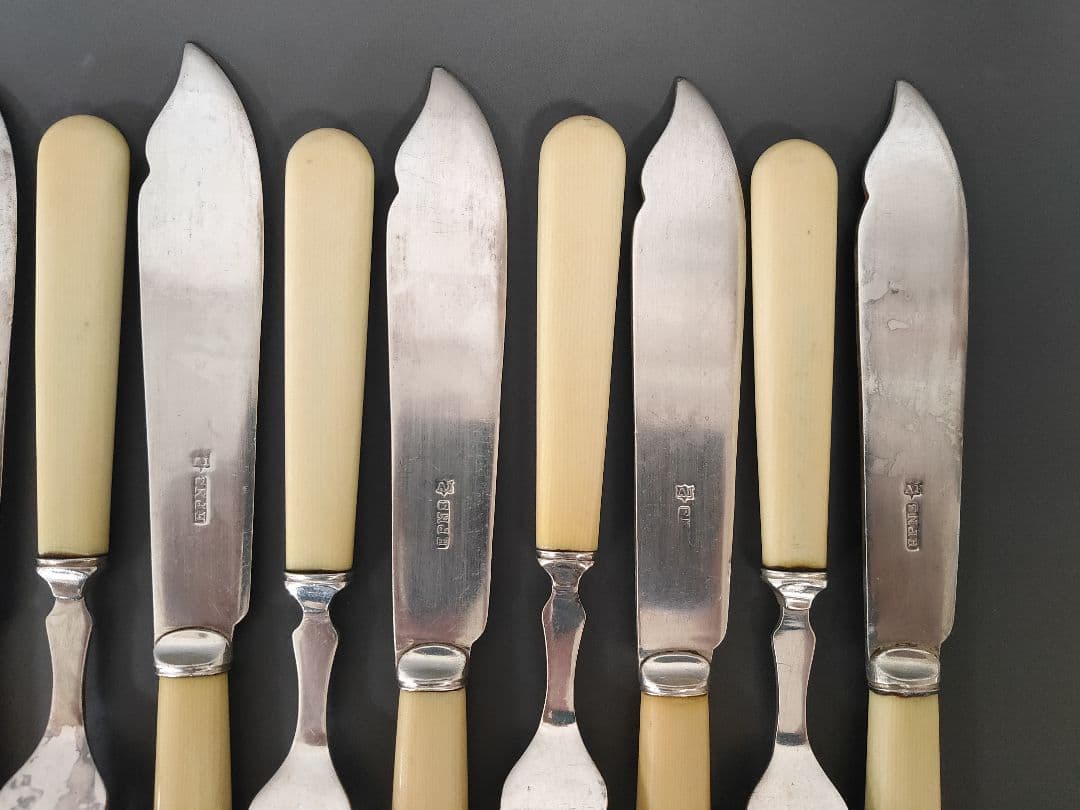 英国ヴィンテージ 純銀P セルロイドハンドル ディナーナイフ フォーク 12本