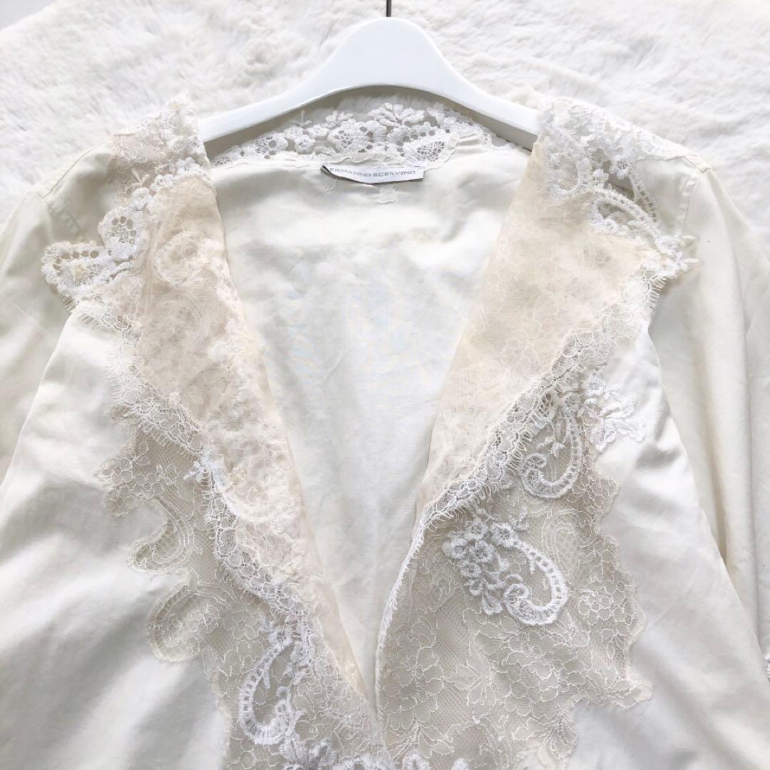 エルマンノシェルビーノ*胸元レース　長袖ブラウス　コットン　ホワイト　38