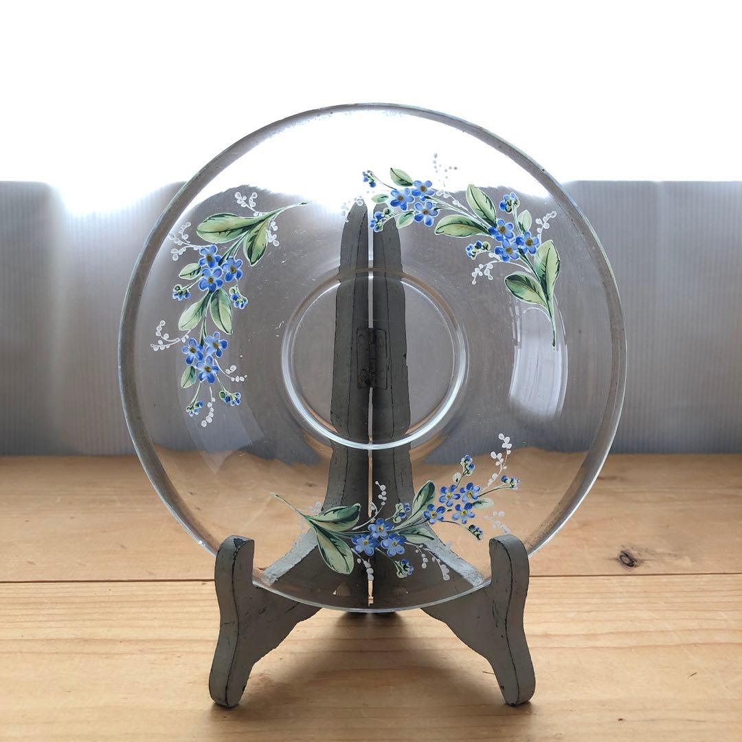 古いガラス皿　プレート　ソーサー　フランス　アンティーク　青い花　no.102