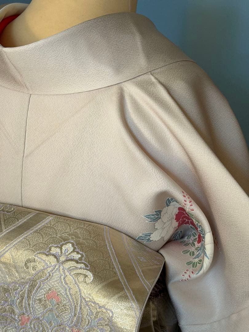 訪問着フルセット、扇面、流水、牡丹と四季の花　グラデーション　しつけ付き未使用品