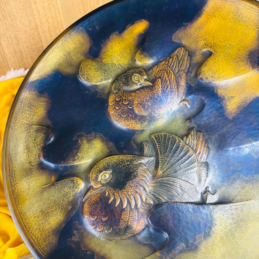 超希少作　玉川堂　五代　鴛番　おしどり　大額皿　鎚起銅器　三条　玉川覚平　鴛鴦