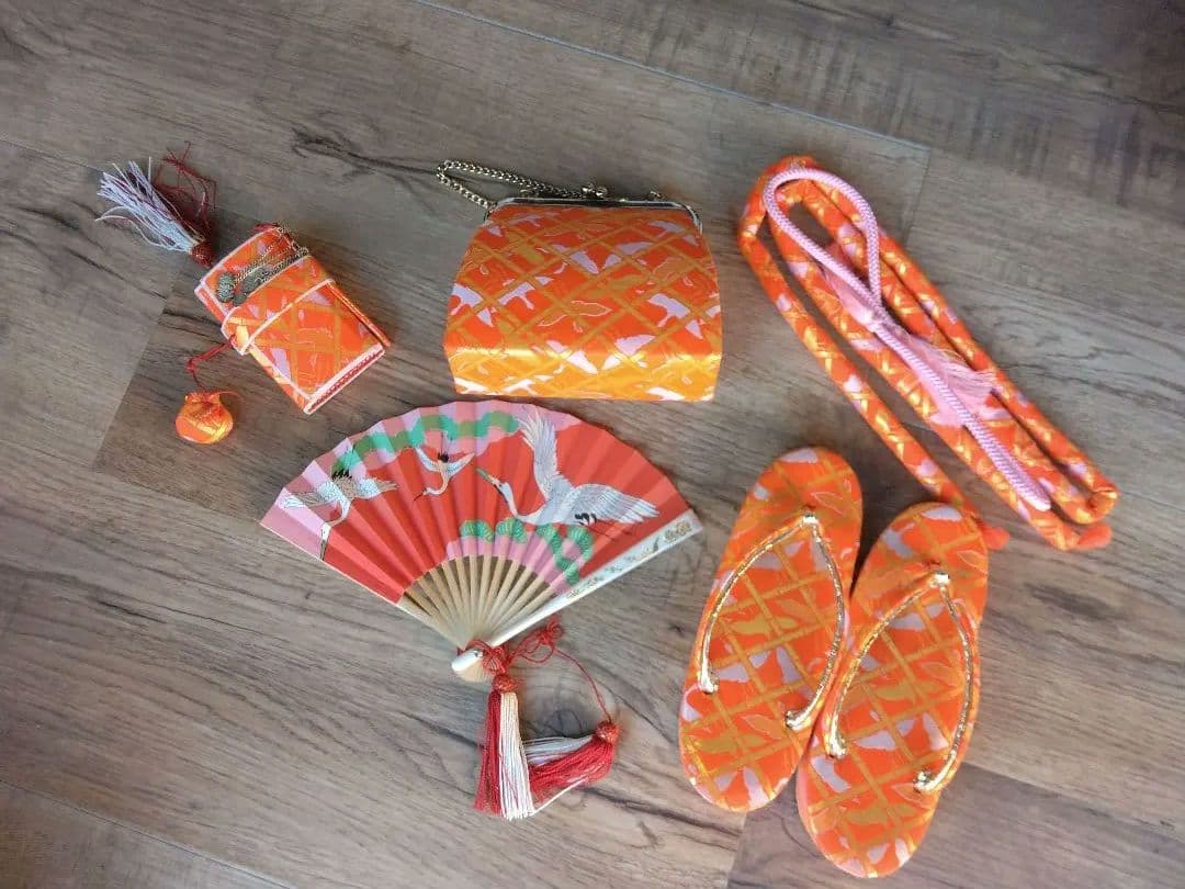 七五三用　女の子　オレンジ　鶴柄　ハコセコセット