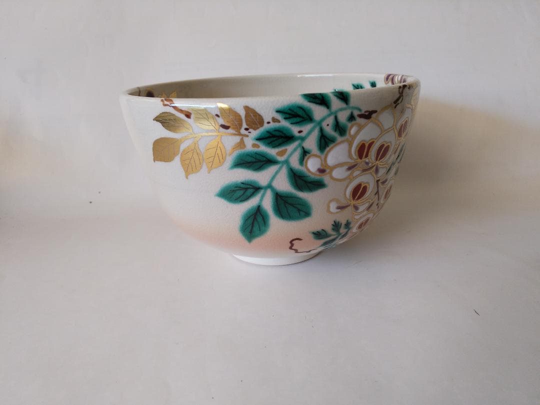 押小路窯 庄左ェ門 作 色絵「藤」茶碗 押小路焼 共箱 共布 栞 抹茶碗 新品