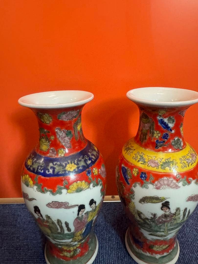 1596 中国骨董　花瓶2客　ペア