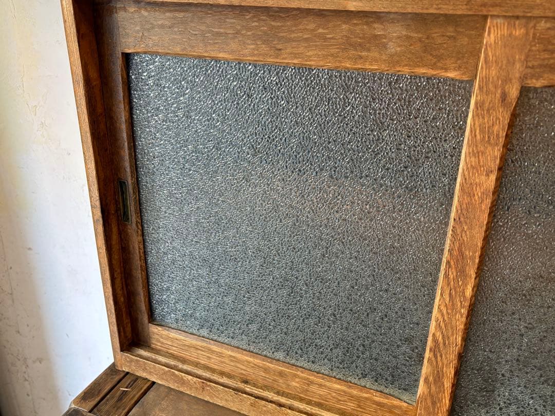 ダイヤガラス 作業台付き　レトロ 木製 キャビネット 水屋 食器棚 アンティーク