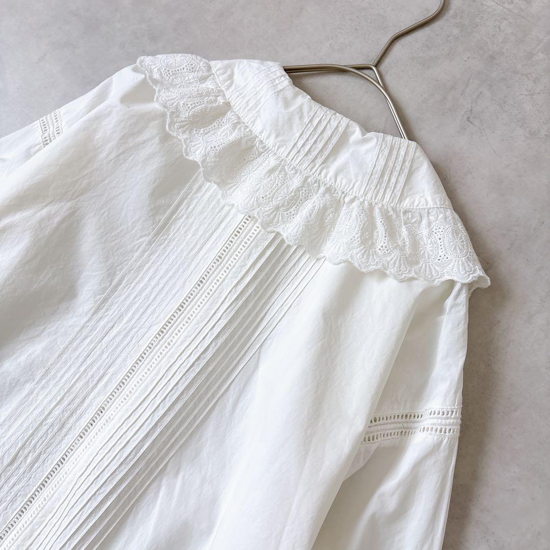 ドットアンドストライプス ピンタック レースブラウス 白 コットン F