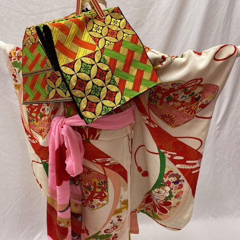 512ag39◎七五三 七歳 女児 アンティーク着物&袋帯 レトロ 総柄 白◎