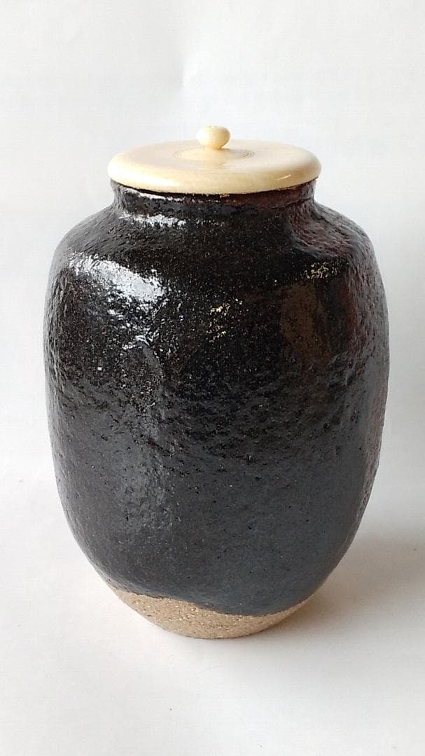 希少品 楽焼 吉村楽入 作 黒楽 茶入 仕覆 鶏頭大燈古金襴 茶道具 共箱 新品