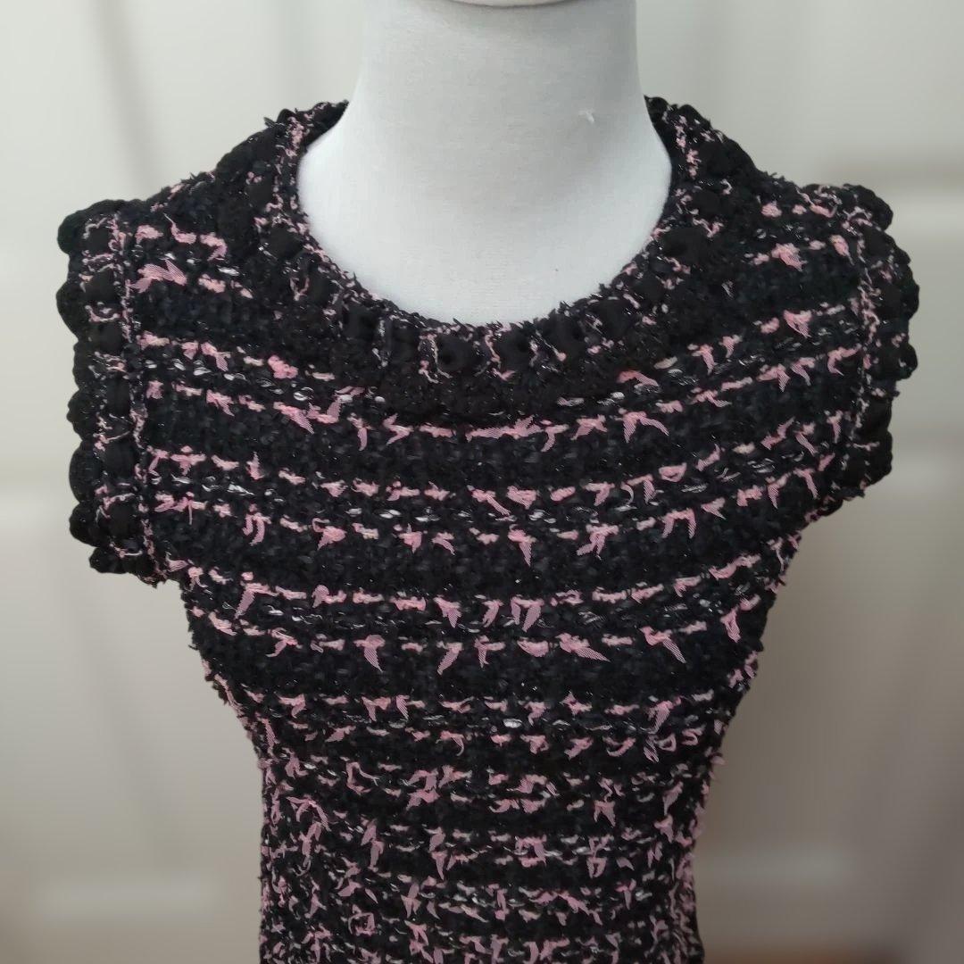 Rene ノースリーブツィードニットワンピース 黒とピンクツイード 34