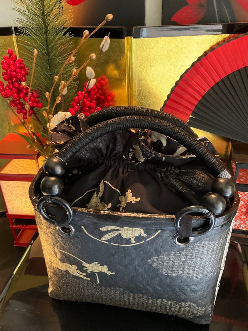 一閑張り　一閑張りバッグ　古文書　和紙　兎　月兎　大正　和本　歌集　着物