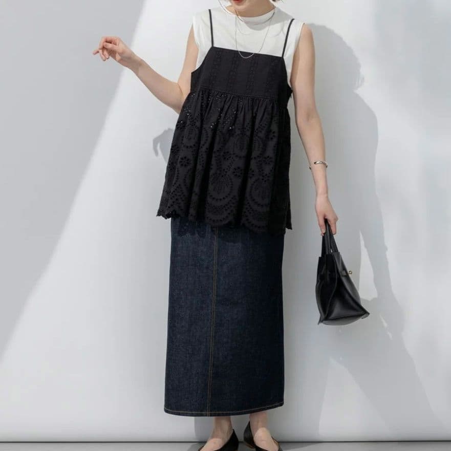 新品 23区【洗える】コットンエンブロイダリー キャミソール 44 ブラック系