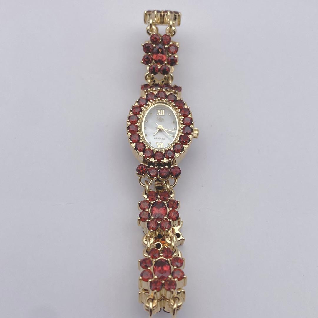 希少　D.M Buxton ホワイトシェル文字盤 ガーネット装飾 ブレスウォッチ