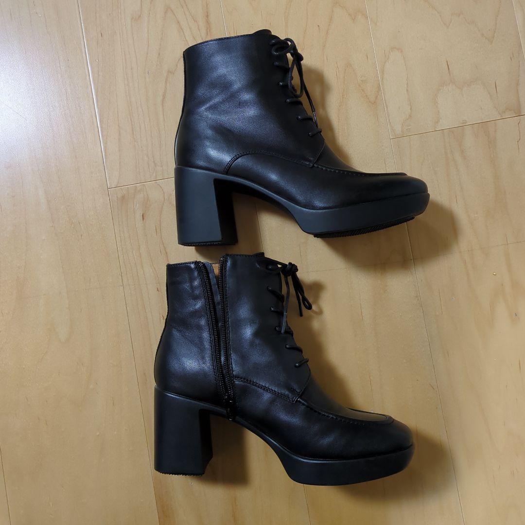 あしながおじさん　ブラックレザー編み上げブーツ　24cm　スクエアトゥ