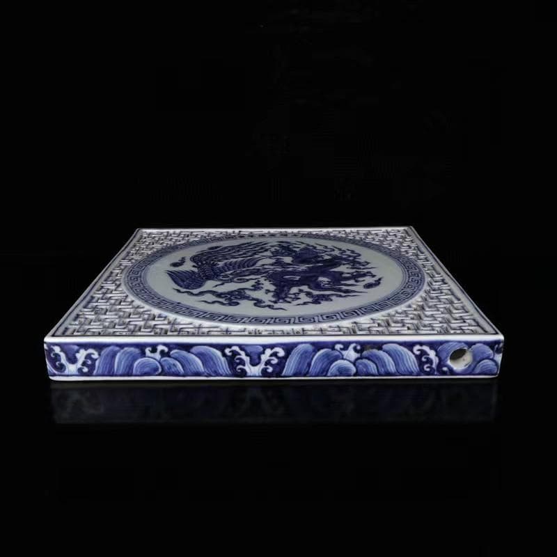 中国古美術✦大明宣徳紋 鏤空 青花 龍鳳呈祥紋 方形 茶盤✦置物・文房具・陶芸