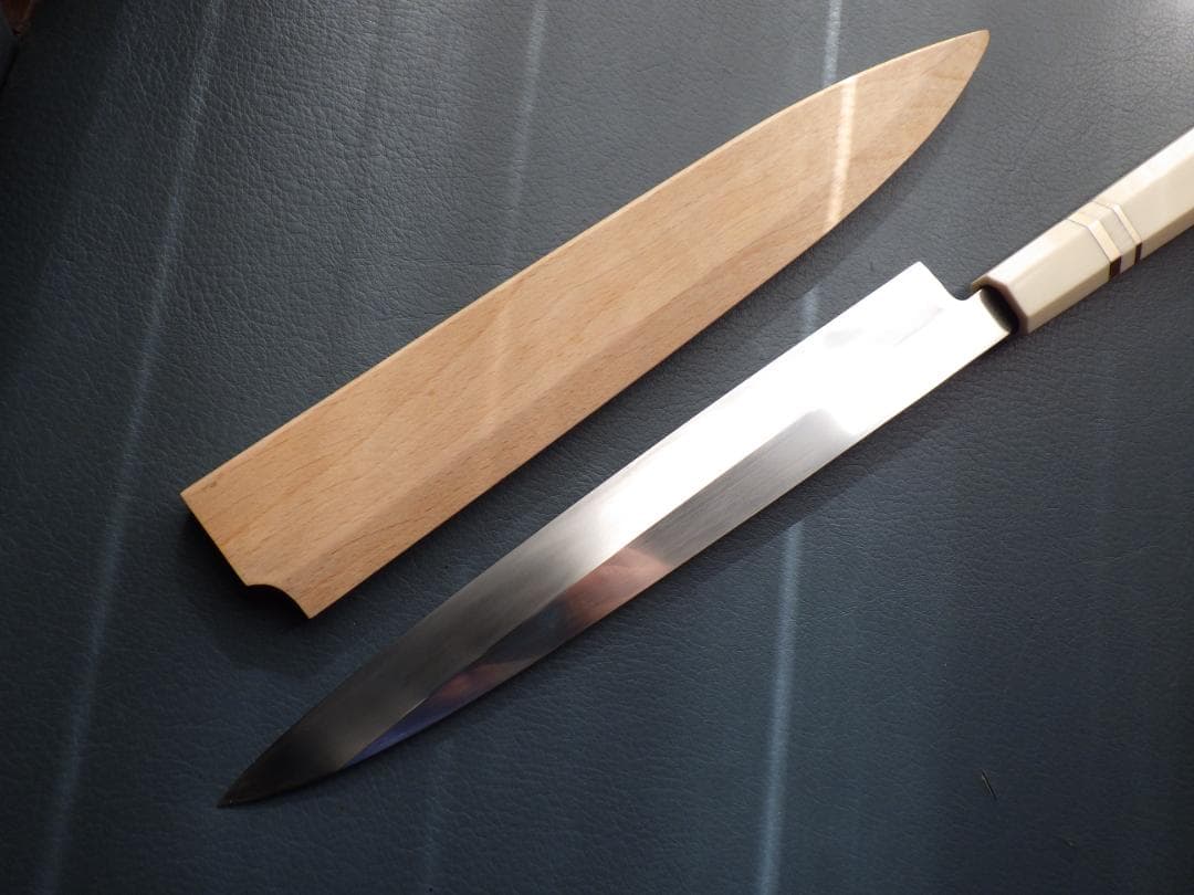 INOX本焼/貞宗/柳刃刺身包丁★人工象牙カスタム銀巻三段柄/鞘付属★