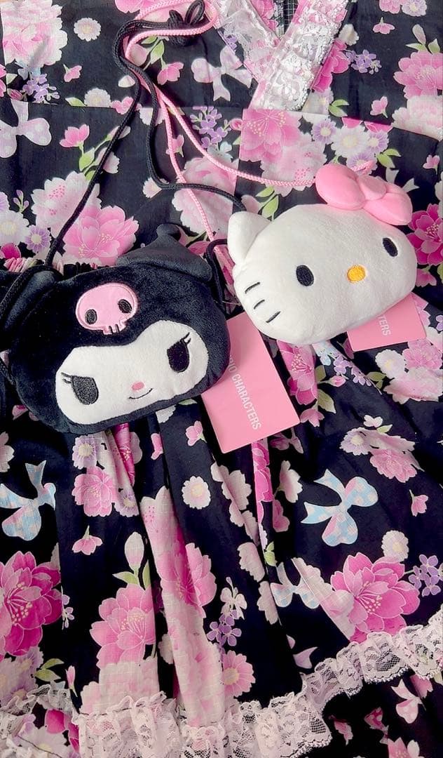 浴衣ドレス♡黒ピンク♡リボン柄150160ML♡おそろい2点ありますキティクロミ