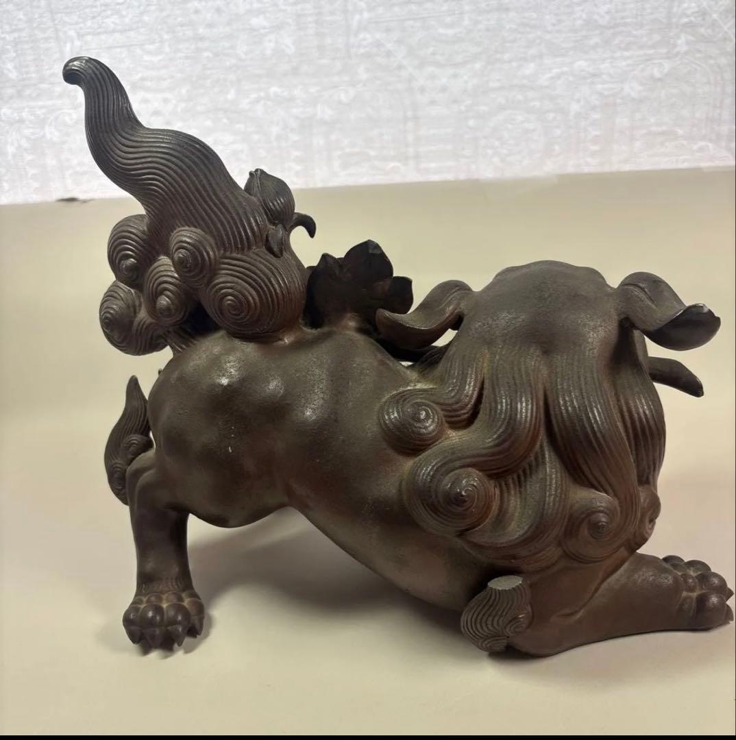 古い備前焼獅子置物 陶印 春芳 牡丹獅子