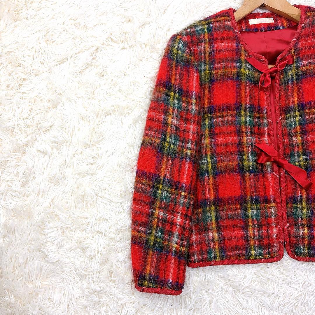 pinkhouse archives モヘアシャギーチェックジャケット　リボン