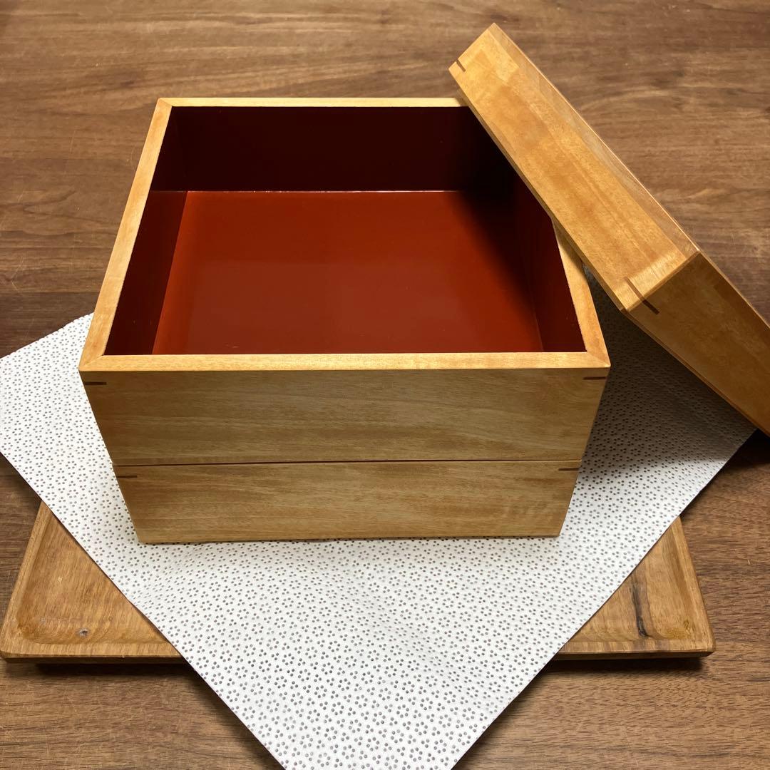 白木重箱　2段重ね　漆塗