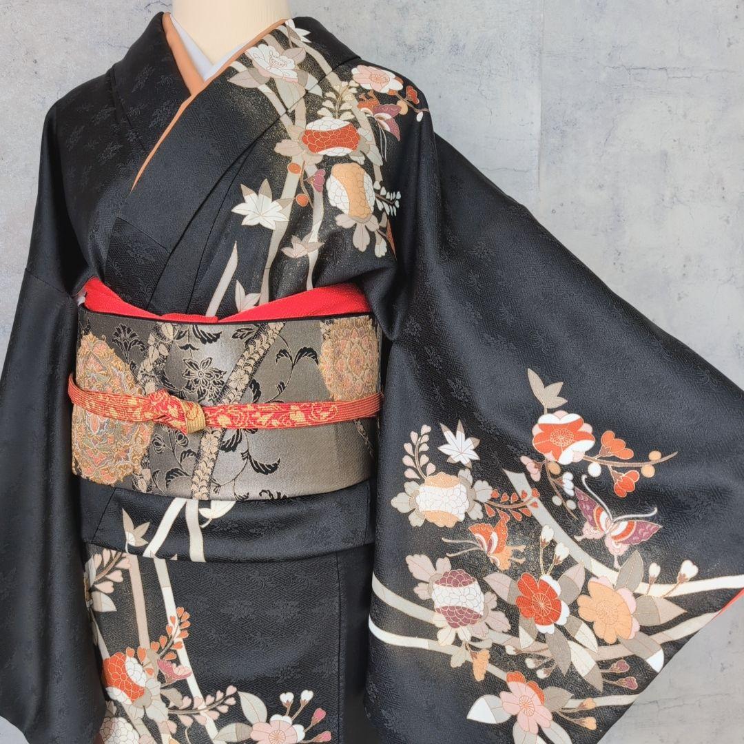 訪問着　フルセット　着物　正絹　黒　トールサイズ　花　金彩加工　B1
