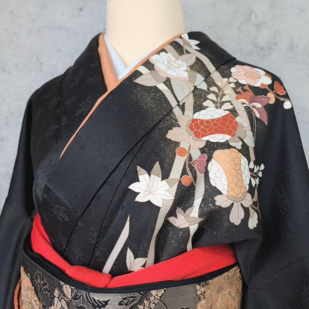 訪問着　フルセット　着物　正絹　黒　トールサイズ　花　金彩加工　B1
