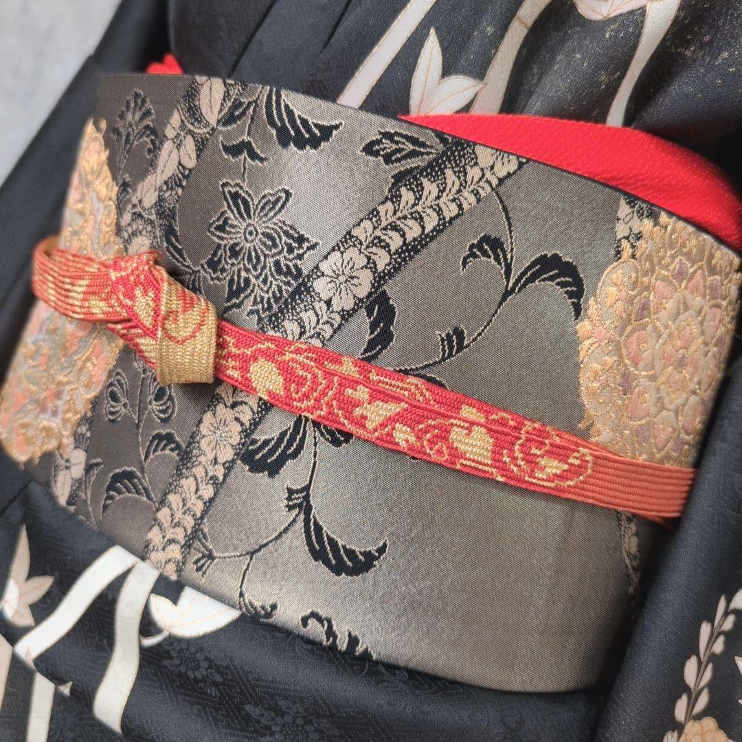 訪問着　フルセット　着物　正絹　黒　トールサイズ　花　金彩加工　B1