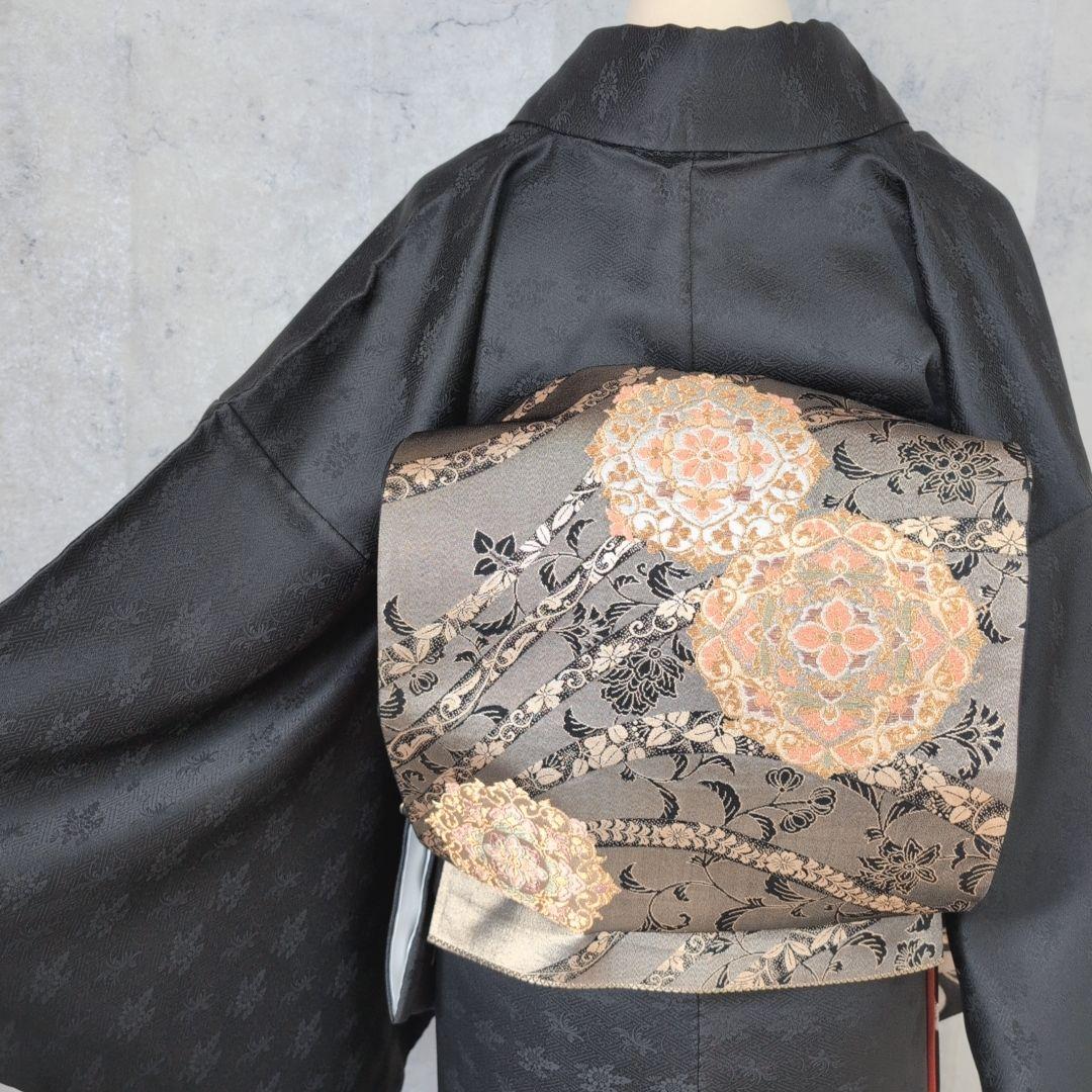 訪問着　フルセット　着物　正絹　黒　トールサイズ　花　金彩加工　B1