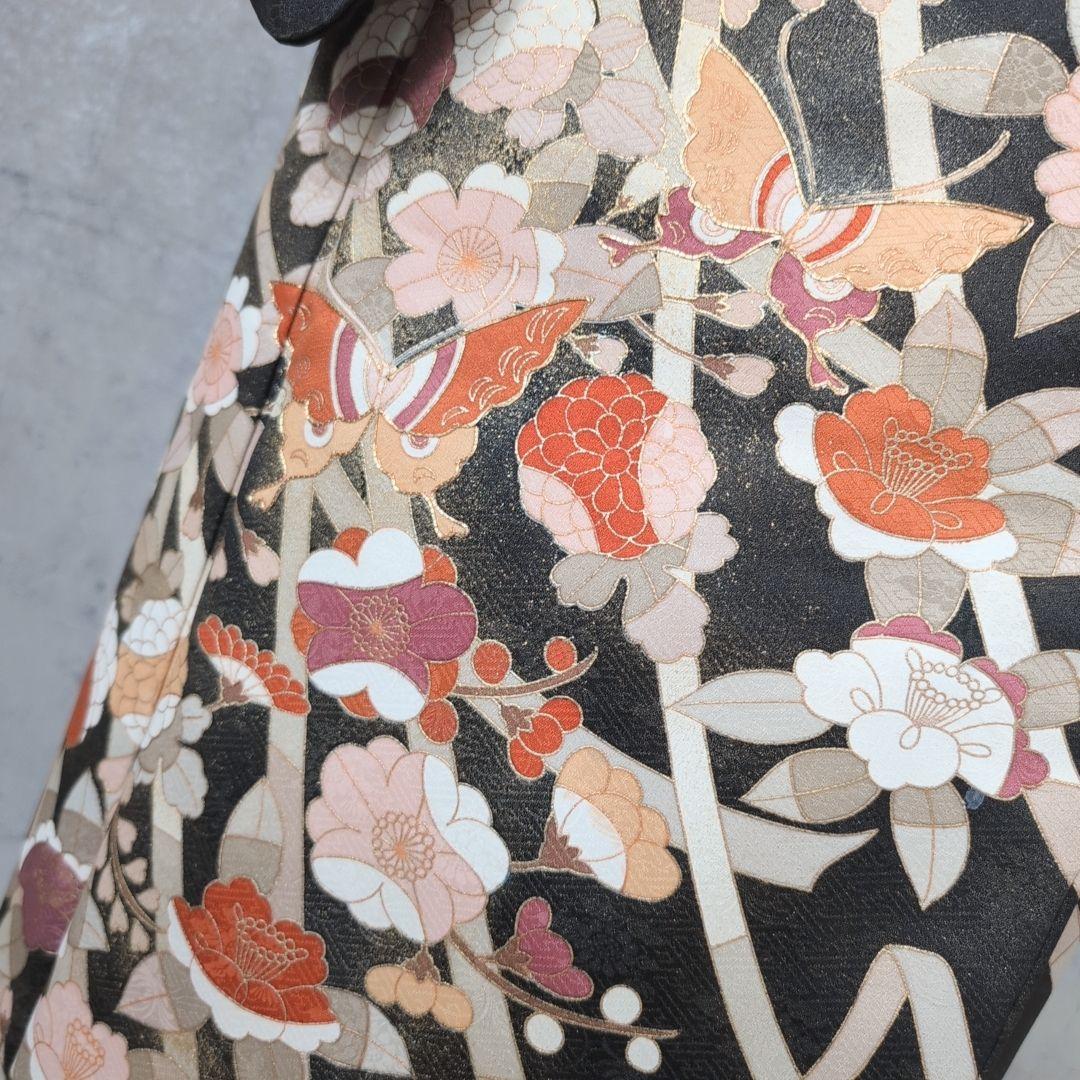 訪問着　フルセット　着物　正絹　黒　トールサイズ　花　金彩加工　B1