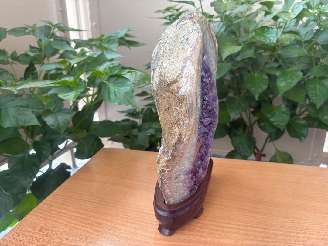 【アメジストクラスター】 無塗装銘木台座付き天然石 インテリア 寝かせて浄化