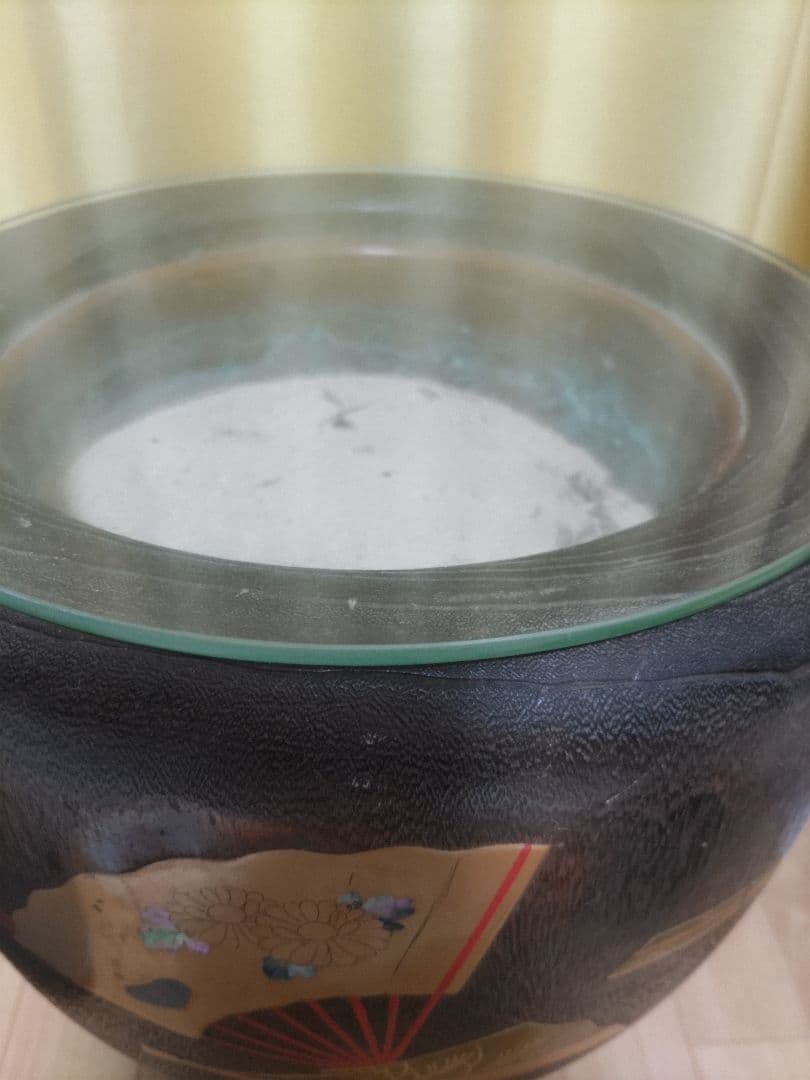 骨董品　江戸末期　蒔絵　金扇らでん使い　桐火鉢　ガラステーブル付季節限定お値下げ