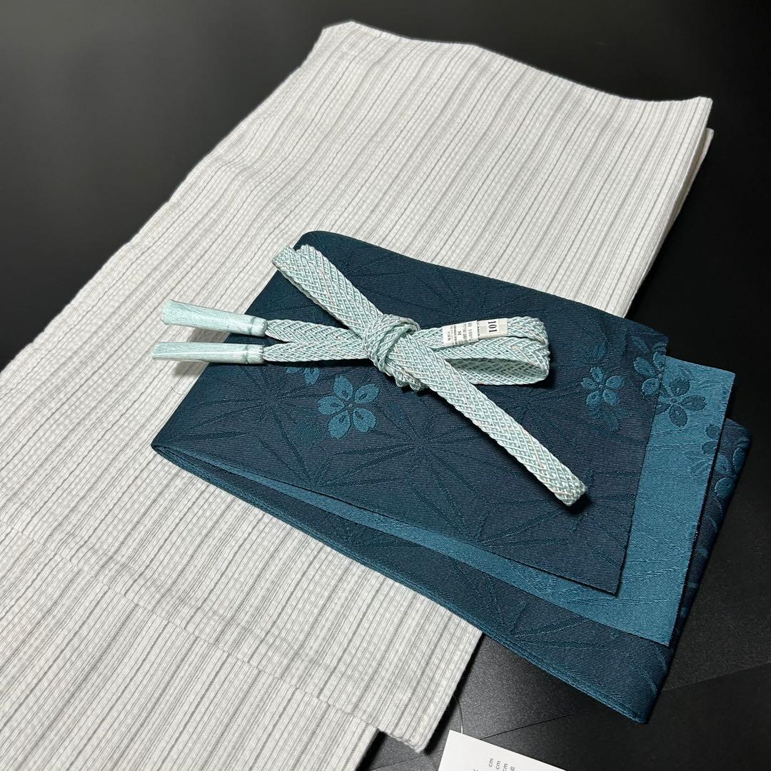 古典しじら織　浴衣　綿　粋な夏着物　縞柄　半幅帯　藍緑　帯締め　3点　0716⑪