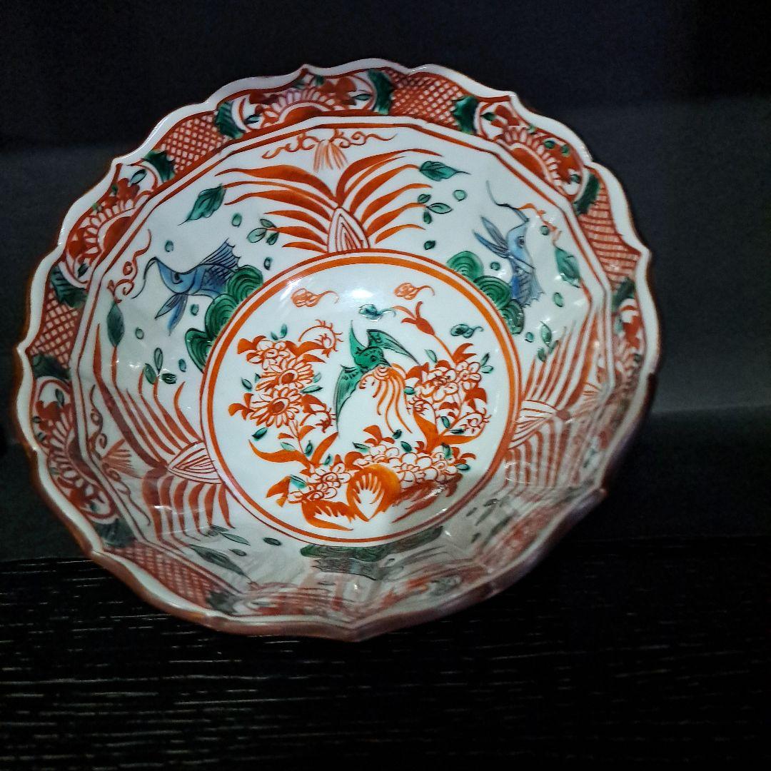 永楽善五郎　九谷赤絵　　中鉢　紅縁輪花鉢　明治 大日本永楽造　共布、共箱入