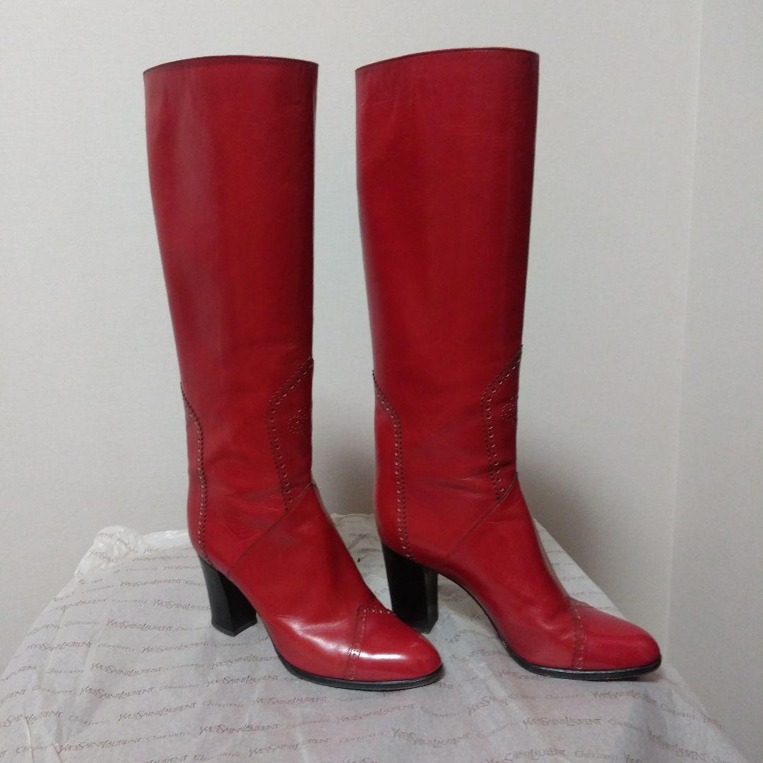 イブ.サンローラン　赤 レザー ロングブーツ 高ヒール