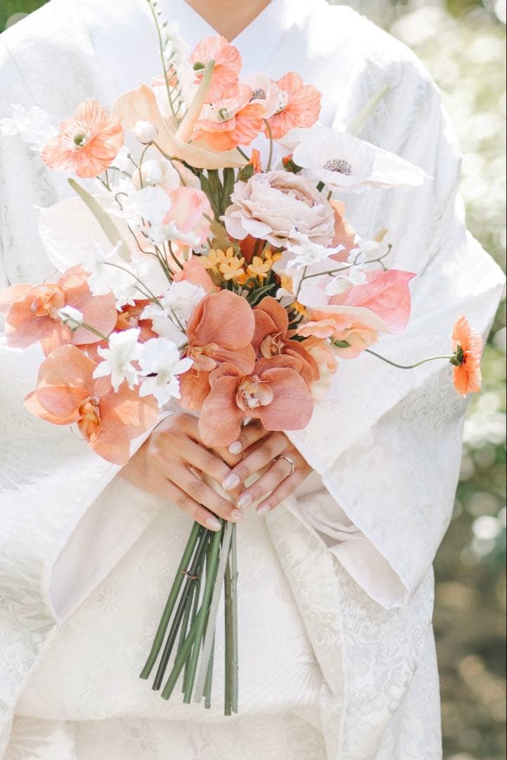 プリザーブドフラワー ブーケ オレンジ ピンク　ブートニア付き