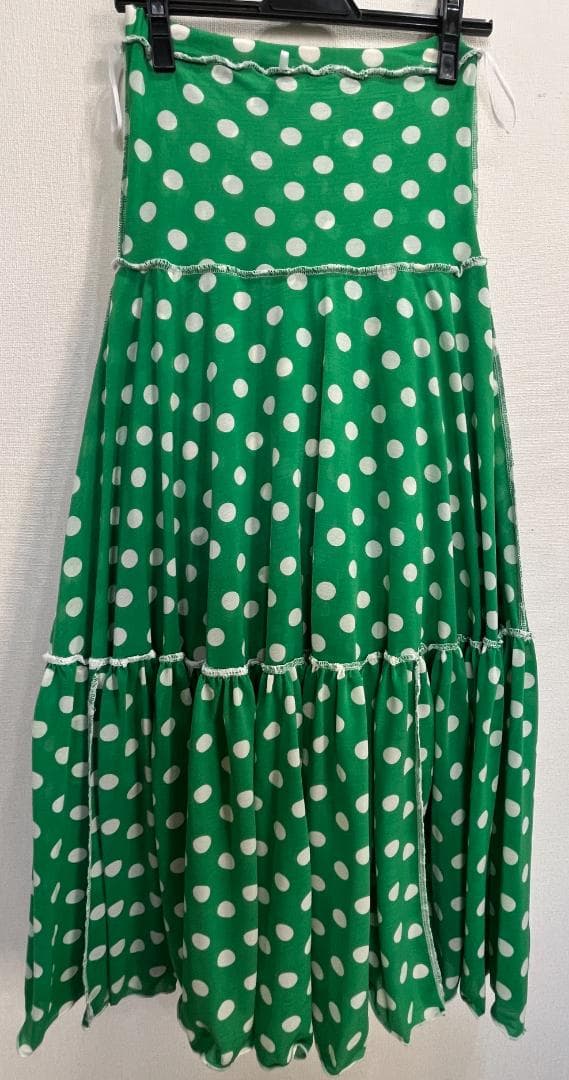 フラメンコ衣装 ツーピース+スカーフ グリーン×白水玉 ストレッチ フリル 軽量