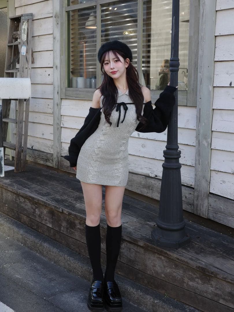 新品タグ付 ダーリッチ ショートボレロニットミニワンピース FLサイズ グレー