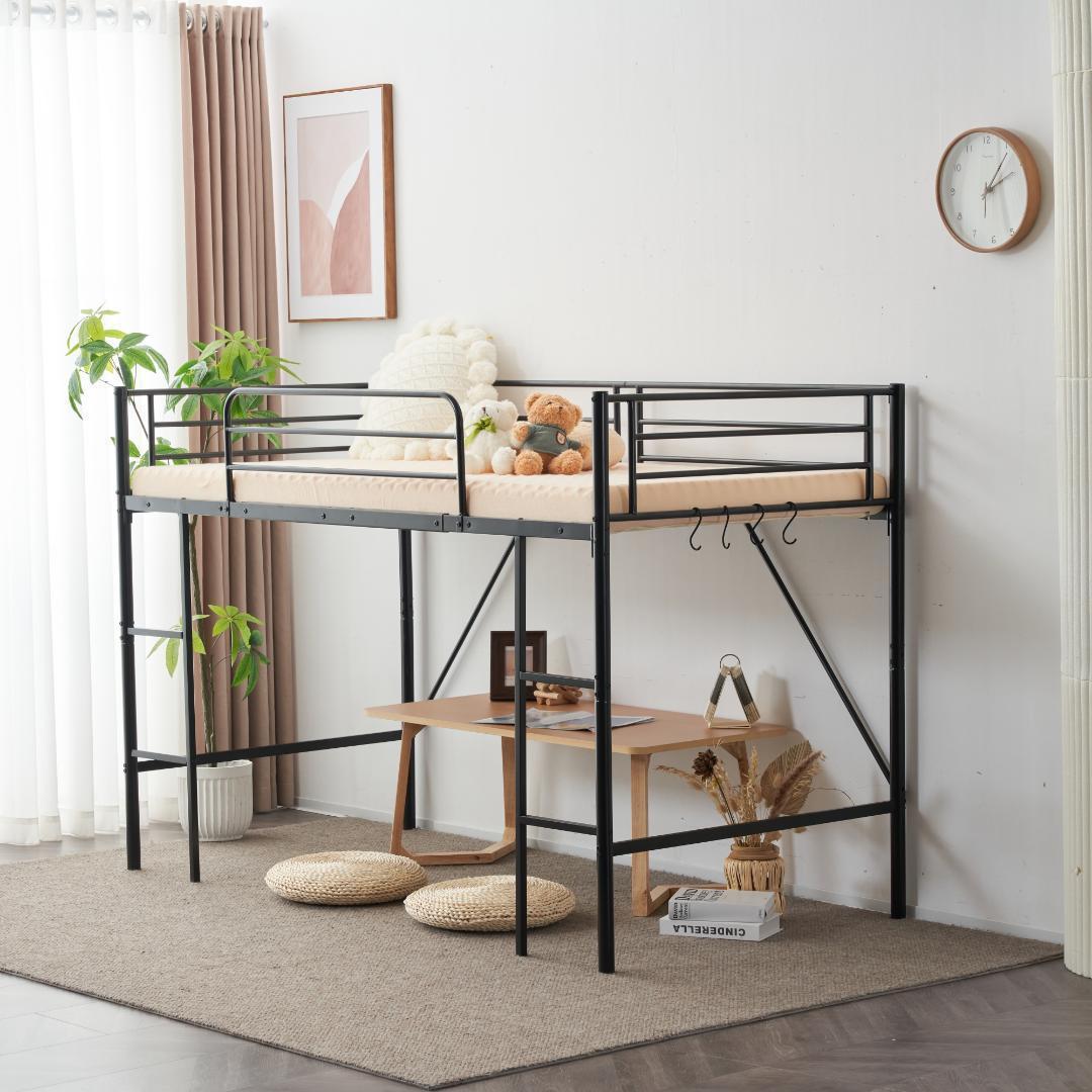 【新作】【ブラック】ロフトベッド パイプベッド シングル ベッド デスク付