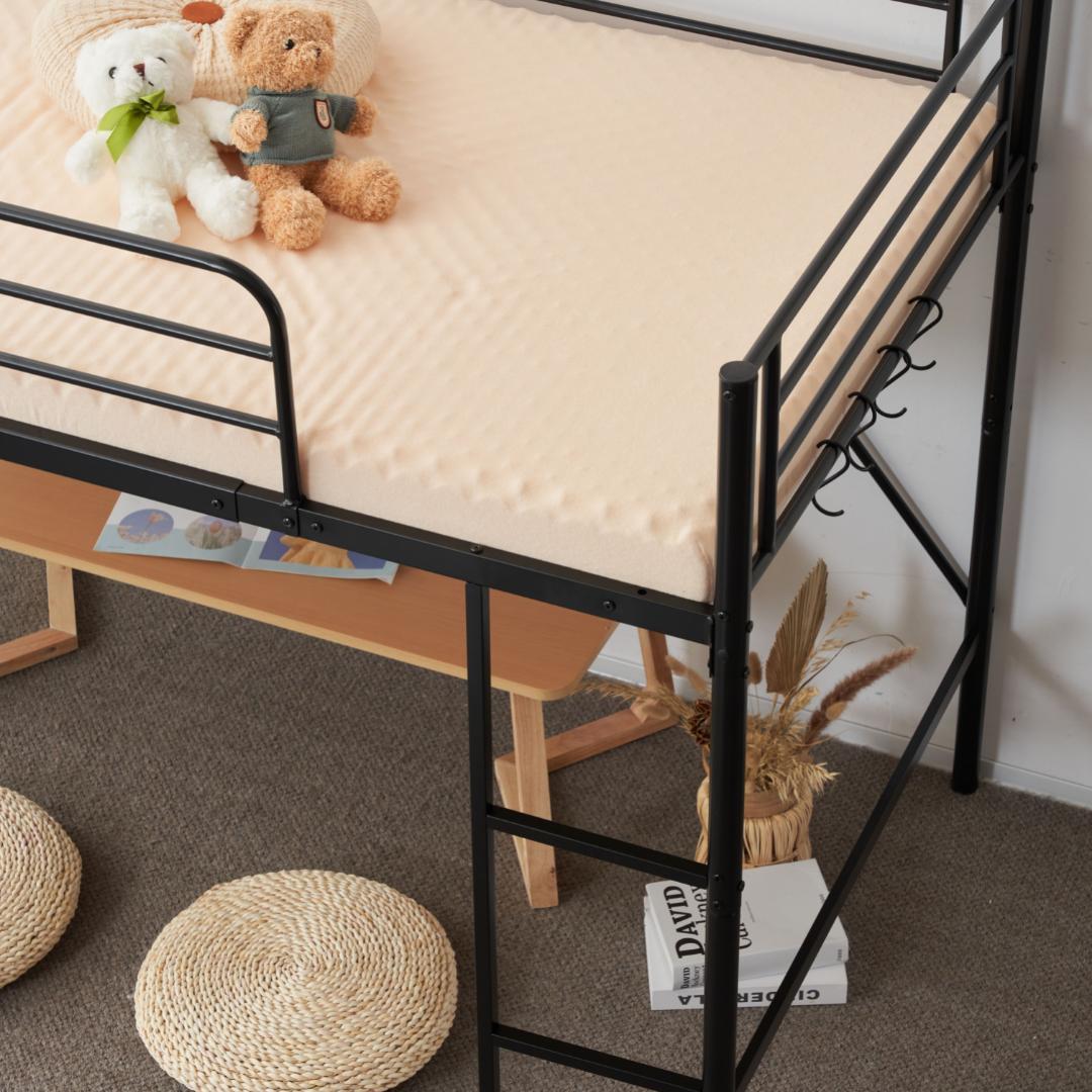 【新作】【ブラック】ロフトベッド パイプベッド シングル ベッド デスク付