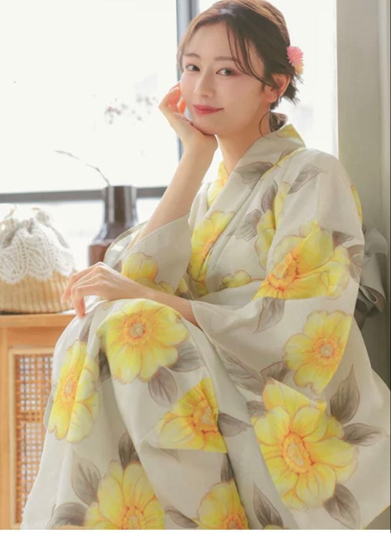 ベージュ地×水彩ポピー ゆかた　浴衣 帯 帯紐 髪飾り バッグ　5点セット