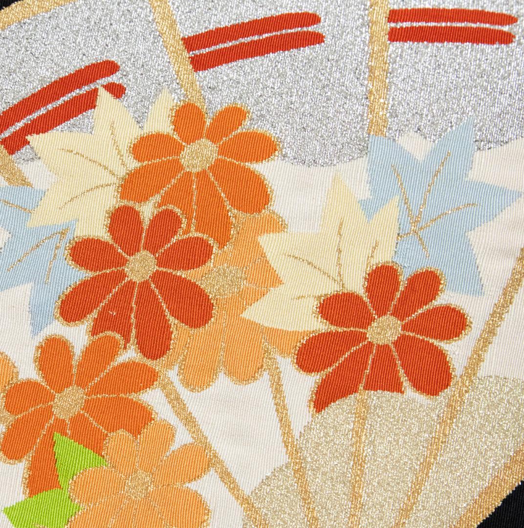 お正月値値下げセール！！新品 織八寸名古屋帯 松葉仕立 黒地 扇面多色花紅葉文様