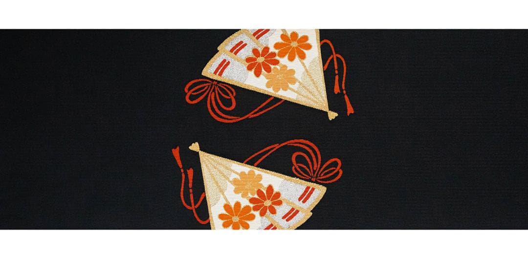 お正月値値下げセール！！新品 織八寸名古屋帯 松葉仕立 黒地 扇面多色花紅葉文様