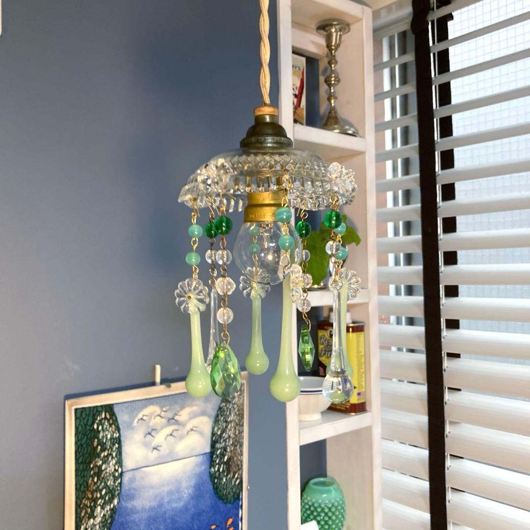 ミニシャンデリア　（メロンドロップ）1920年　フランスアンティーク　シェード