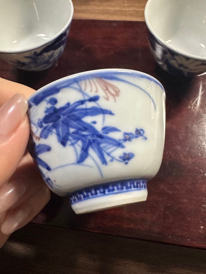 清水七兵衛造　青華釉里紅　煎茶碗　4個セット